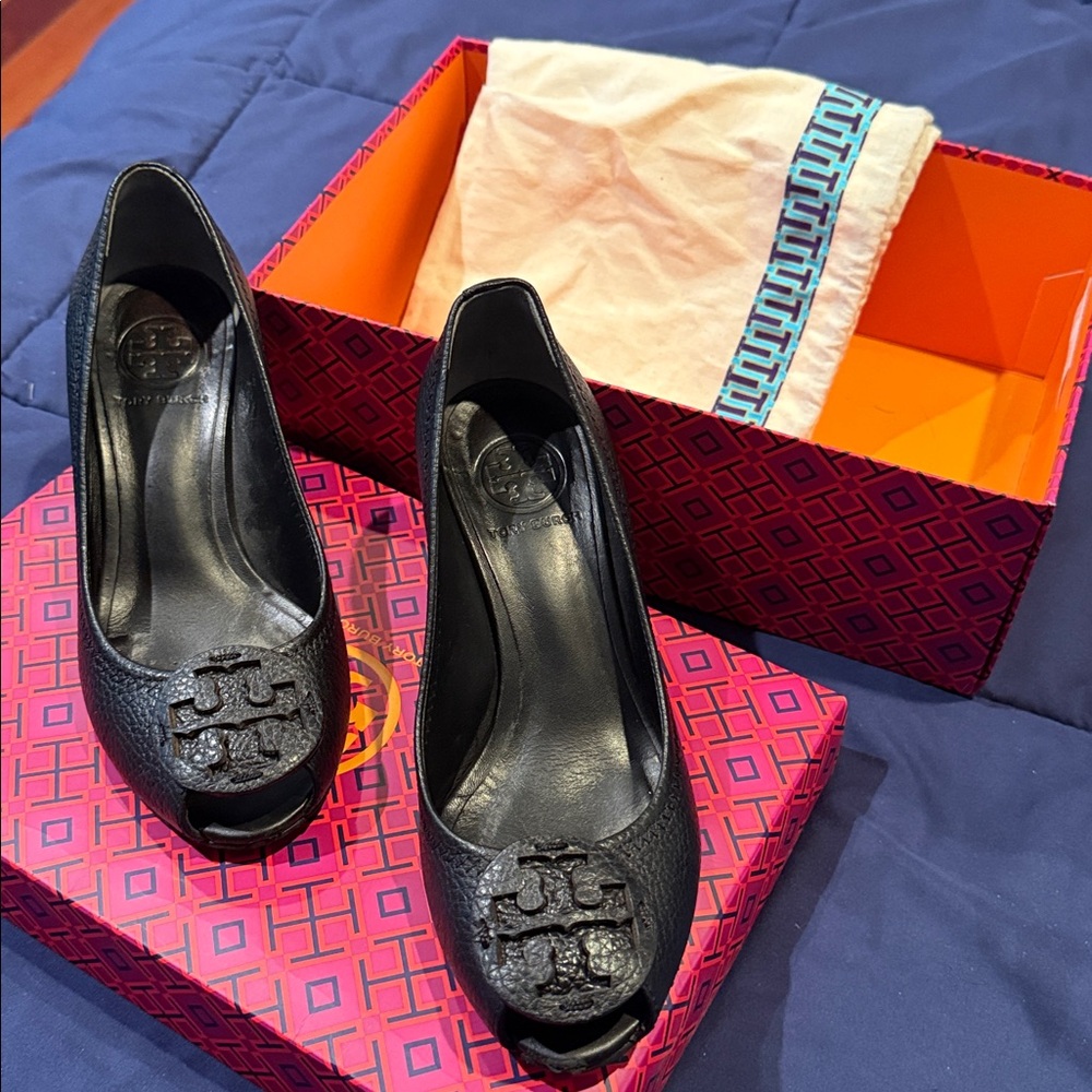 Tory Burch Black Peep Toe wedges, tumbled  leather, good condition, Sally 2